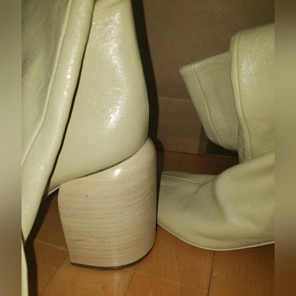 Jil Sander Cream 100% lambskin leather thigh high round toe block heel boots 10 - Picture 10 of 16